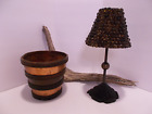 Vtg Cast Iron Candle Holder w Copper / Beaded Lampshade + Copper & Wood Basket