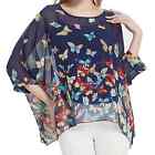 Navy Chiffon Sheer Butterfly Printed Poncho Blouse One Size