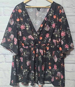 Torrid Babydoll Blouse Top Women's Size 3X Black Floral Kimono Sleeves V-Neck