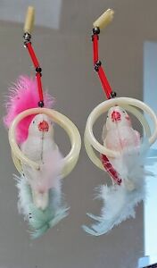 Pair Of Vintage Celluloid Parrot on Ring  Ornament or Bird Cage Toy Feathers