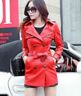 Women Genuine Lambskin Leather Long Trench Coat Overcoat Button Belt Red Jacket