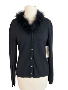 Vintage 90s Carducci Cardigan Sweater Black Angora Fur Collar NWT Made Italy  M