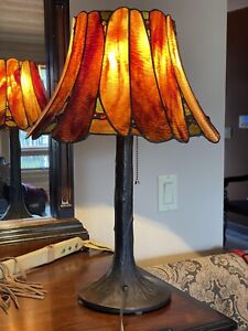 New ListingVintage art/slag glass leaded glass lamp, heavy bronze base, excellent condition