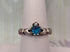 Vintage Sterling Silver 925 Blue Gemstone Clear Accent Claddaugh Ring sz 6.5