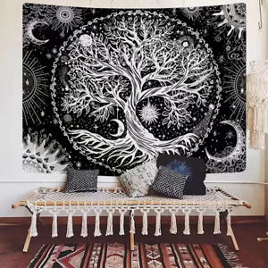 Black Bohemian Style Tree Of Life Sun And Moon  Background Decoration Tapestry
