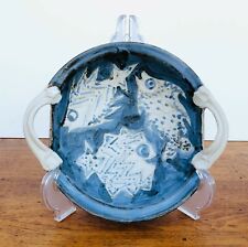 Studio Art Pottery Serving Bowl Hand Painted Blue Fish 2 Handles Stoneware C303