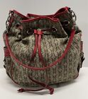Fossil Womens Shoulder Bag Logo Canvas Red, Tan & Taupe  Drawstring Purse