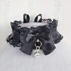 All Black Choker Necklace Kitten Play Collar Satin Lace Ruffles bow with a bell