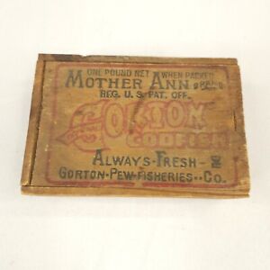 Vintage Gorton's Mother Ann Codfish Wooden Dovetail Box sliding lid