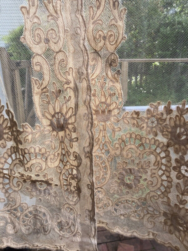 2 Antique French Tambour Lace Curtain Panels Cotton Netting 1920 Beautiful