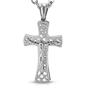 Stainless Steel Silver-Tone Jesus Cross Crucifix Pendant Necklace, 18