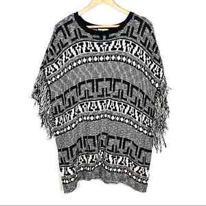 Gianni Bini Black and white poncho style sweater with fringe size medium M