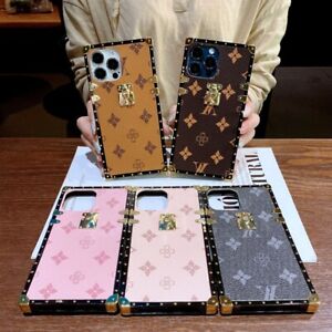 For iPhone 15 14 Pro Max 13 12 11 X 8 7 Luxury Classic Leather Square Case Cover