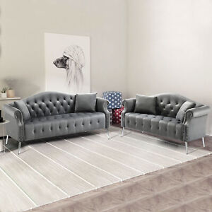 2+3 Velvet Chesterfield Sofa Set Contemporary Upholstered Couch Button Tufted