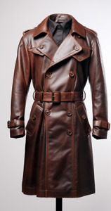 Men's Genuine Lambskin Leather Red Winter Warm Trench Coat Overcoat