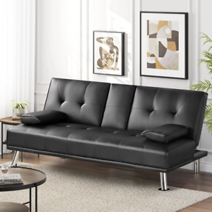 Modern Faux Leather Futon Sofa Bed Fold Up & Down Recliner Couch W/ Cup Holder
