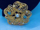 VTG. UNMARKED BSK TEAL CABOCHON FAUX PEARL & GOLD TONE FLOWER BROOCH 386