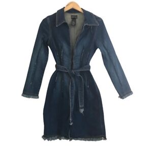 Vintage Bebe Frayed Long Denim Trench Women Size Medium Zipper Belted Blue Dress