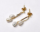 Vintage 14k Solid Yellow Gold Baroque Pearl Double Chain Dangle Earrings, Dainty