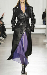 Women's Black Trench Coat  Genuine Lambskin Leather Winter Long Overcoat Jacket