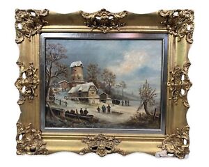 19thC Antique VICTORIAN WINTER LANDSCAPE Old TOWN Folk Art SNOW SCENE PAINTING