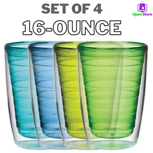 Plastic Tumblers Double Wall Insulation 16 Oz Warm & Cold Beverages Set Of 4 Pcs