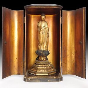 Edo Amida Nyorai Gilt Wood Crystal Eyes Amitabha Buddha Zushi 17” 阿弥陀如来