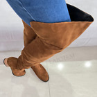 Women Over Knee Boots Faux Suede Round Toe Side Zip Wide Thigh Shoes Big Size