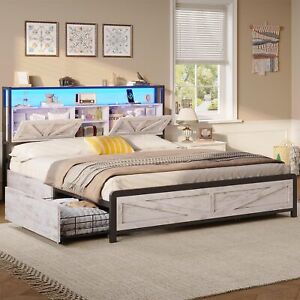 Full Queen King Size Farmhouse Bed Frame with LED Headboard & Charging Station