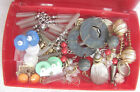 Collection 14 vintage pairs of earrings in old plastic jewelry box with mirror