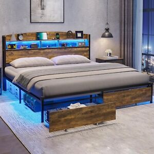 King Size Bed Frame Led with Bookcase Headboard + 2 Storage Drawers Rustic Brown