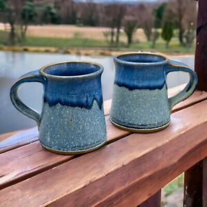 New ListingStudio Pottery Mug Set Drip Glaze Blue Handle Art 4” Signed
