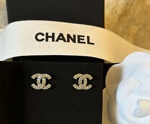 CHANEL  All Crystal Classic CC Logo Earrings Silver Tone with Box