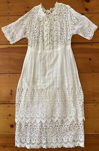 Antique Edwardian White Embroidered Lace Tea Dress Bridal Vintage Volump Large