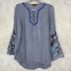 Scully Tunic Womens S Embroidered Gray Peasant Blouse Split Sleeves