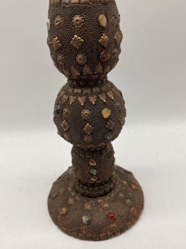 Antique Arts & Crafts Copper Candle Holder w/ Semi Precious Stones VTG Folk Art