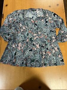 Roz & Ali Top size 2X Blue Stretch Print Flare Bottom 3/4 Sleeves Shirt Blouse