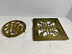 (2) Vintage Chinese GOOD LUCK SYMBOL Brass Footed Trivet Plant/Vase Stand