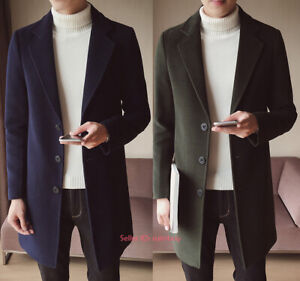 Men's Casual Woolen Blend Overcoat Long Jacket Lapel Coat Parka Outwear Trench