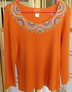 SALE Hearts of Palm Orange Rayon Nylon Knit L/S Top Sz L Colorful Beadwork EUC !