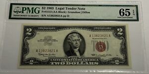1963 PMG 65 EPQ $2 RED SEAL LEGAL TENDER NOTE AA BLOCK GRANAHAN DILLON FR #1513