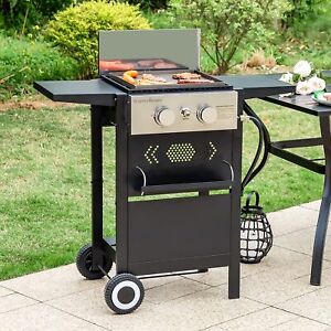 Propane Gas Grill 2 Burner Flat Top Griddle Outdoor Cooking BBQ Garden Barbeque