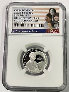 2022 S SILVER QUARTER 25C SALLY RIDE NGC PF70 UCAMEO 10-COIN FIRST RELEASES