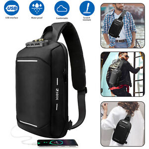 Mens Shoulder Sling Bag USB Crossbody Anti-theft Waterproof Backpack Large Gift