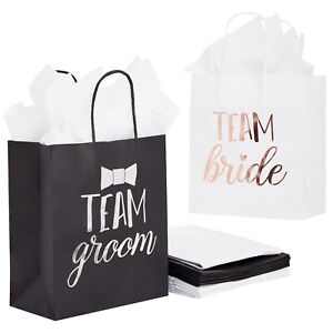 20 Pack Bride and Groom Gift Bags with Tissue Paper for Wedding, 8 x 4 x 9 In