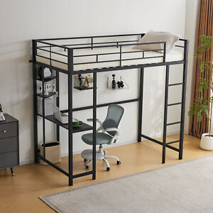 Heavy Duty Twin Size Metal Loft Bed with Desk and Storage Shelves for Teens