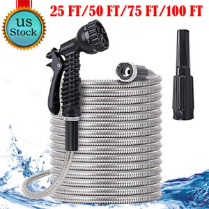 304 Stainless Steel Metal Garden Water Hose 25/50/75/100FT Flexible Patio Nozzle