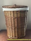 Vintage Braided Wicker Laundry Hamper Basket  19” tall  x 15” wide Cloth Lining