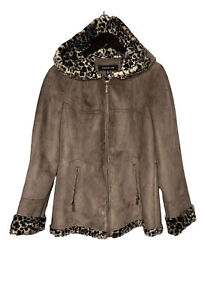 Jones New York Women’s Faux Suede Leopard Print Hooded Jacket Size Medium