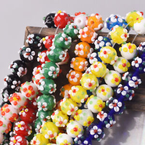 10pcs Handmade Round 10mm Flower Lampwork Glass Loose Beads for Jewelry Making